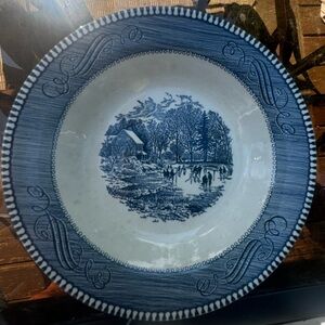 Currier & Ives “Early Winter” blue, rimmed soup bowl print